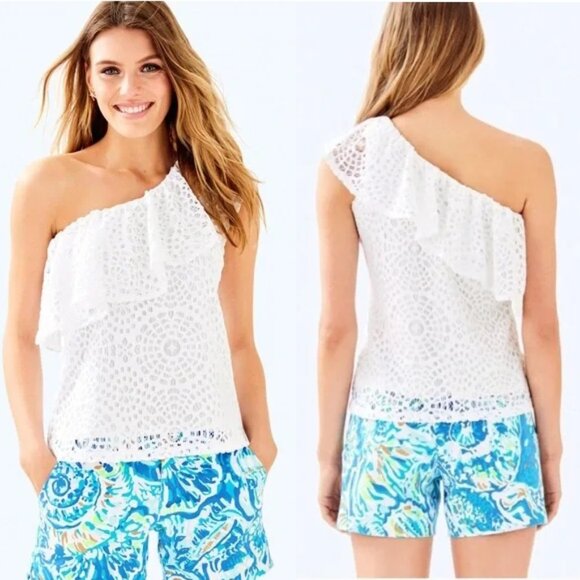 Lilly Pulitzer White Matteo One Shoulder Top Sea Urchin Terry Lace Sz XL - Picture 2 of 16